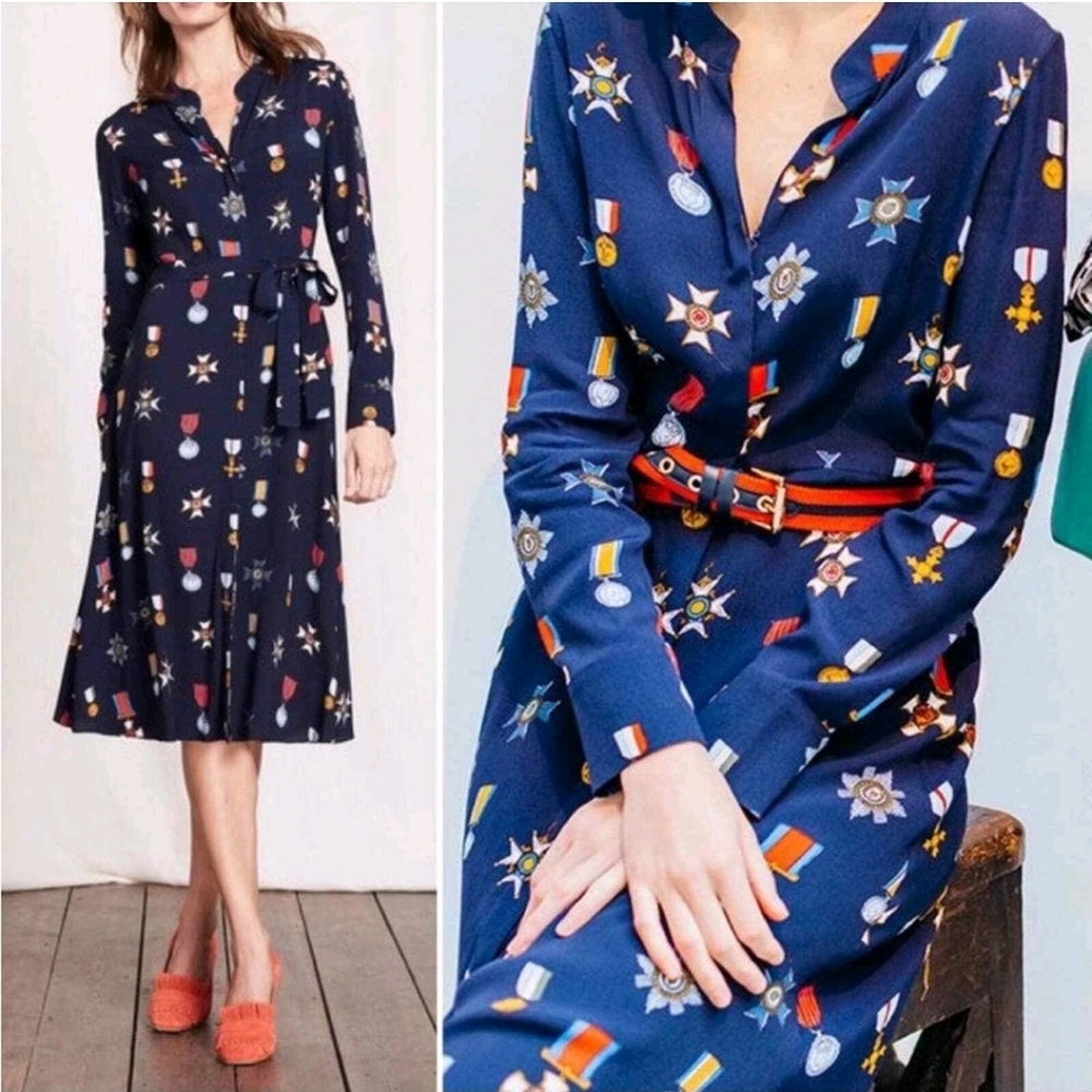 Boden Jessica Navy Medal Printed Long Sleeve Shirt Dress Size 2